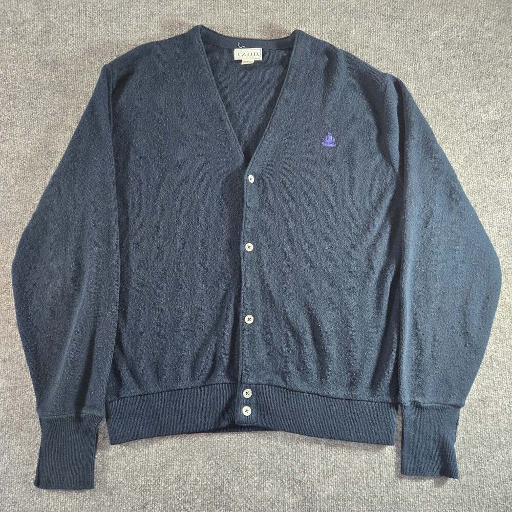 Vintage IZOD Cardigan Sweater Mens XL Blue Acrylic Knit USA Made Preppy Logo Ret